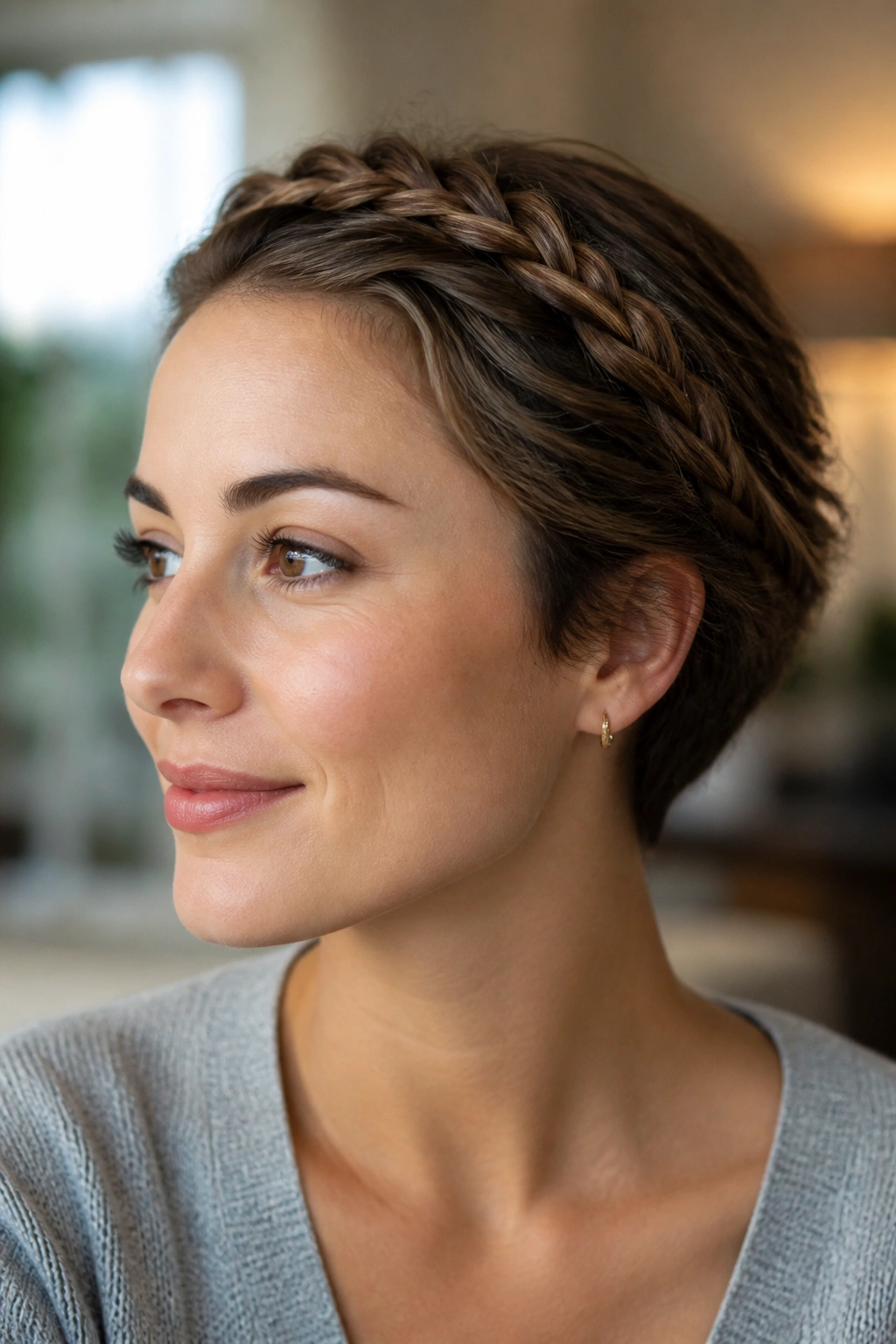 Portrait of a real woman showing a crown braid along the hairline with ends tucked at the back.