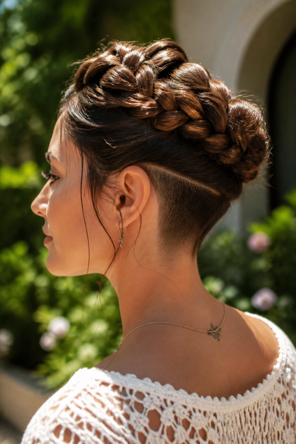 Close-up of a real woman with a braided crown undercut framing an updo