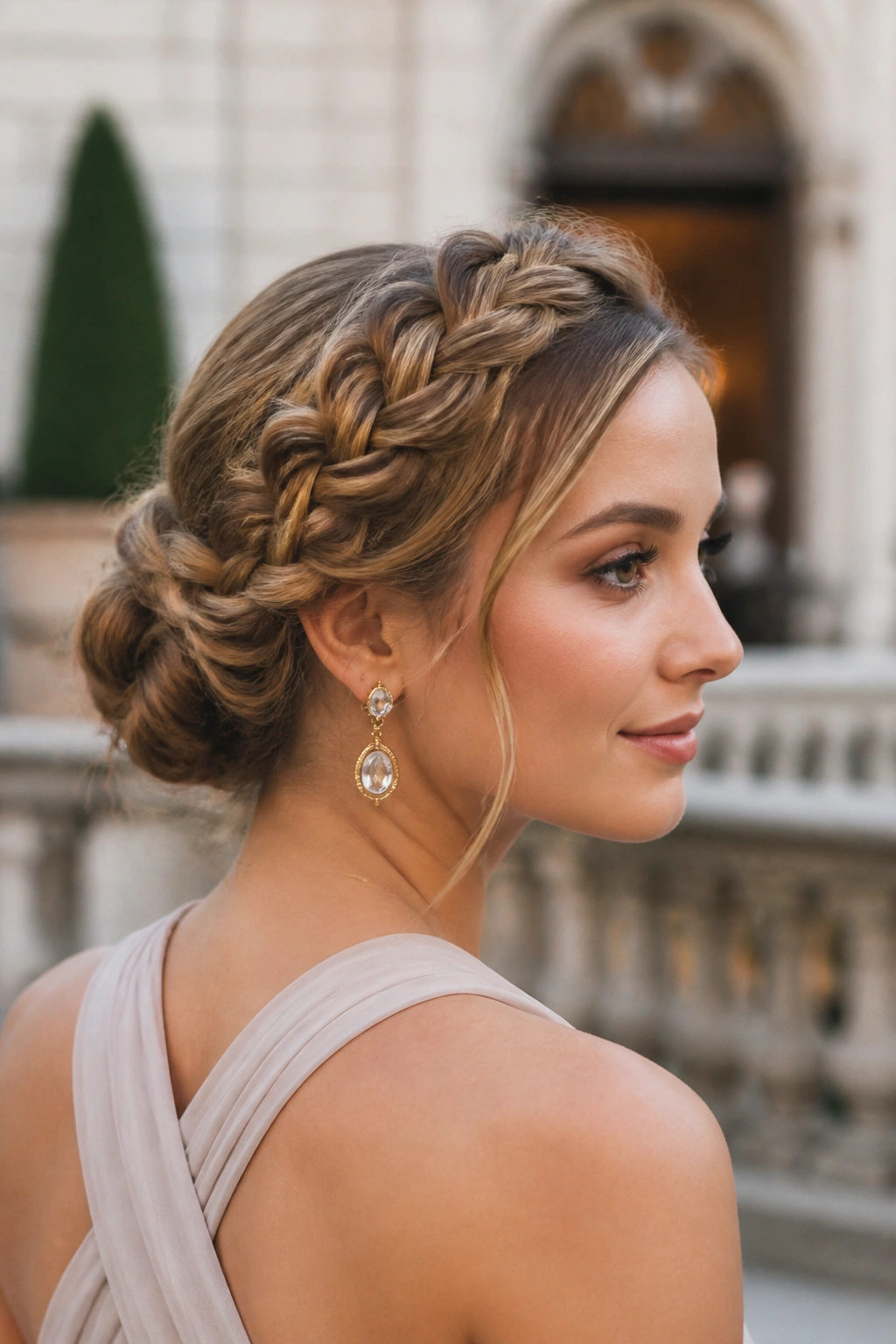 Close-up of a real woman with Braided Crown Updo hairstyle
