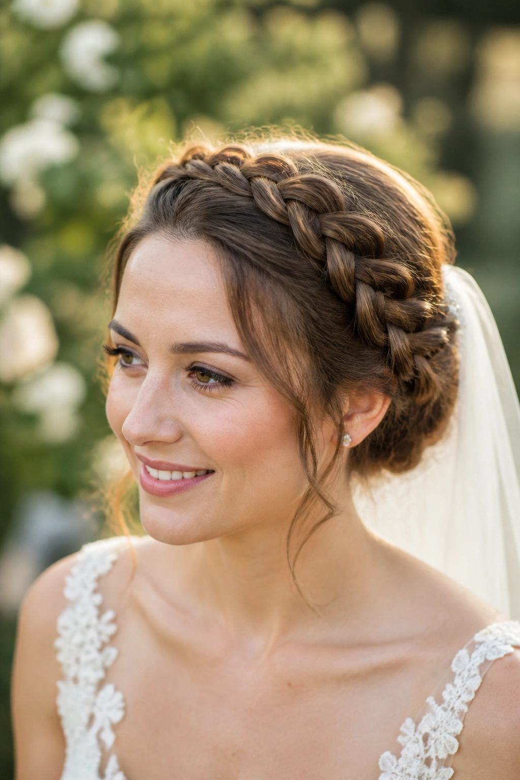 Close-up of Braided Crown Updo with Halo Shape on a real bride in a garden setting