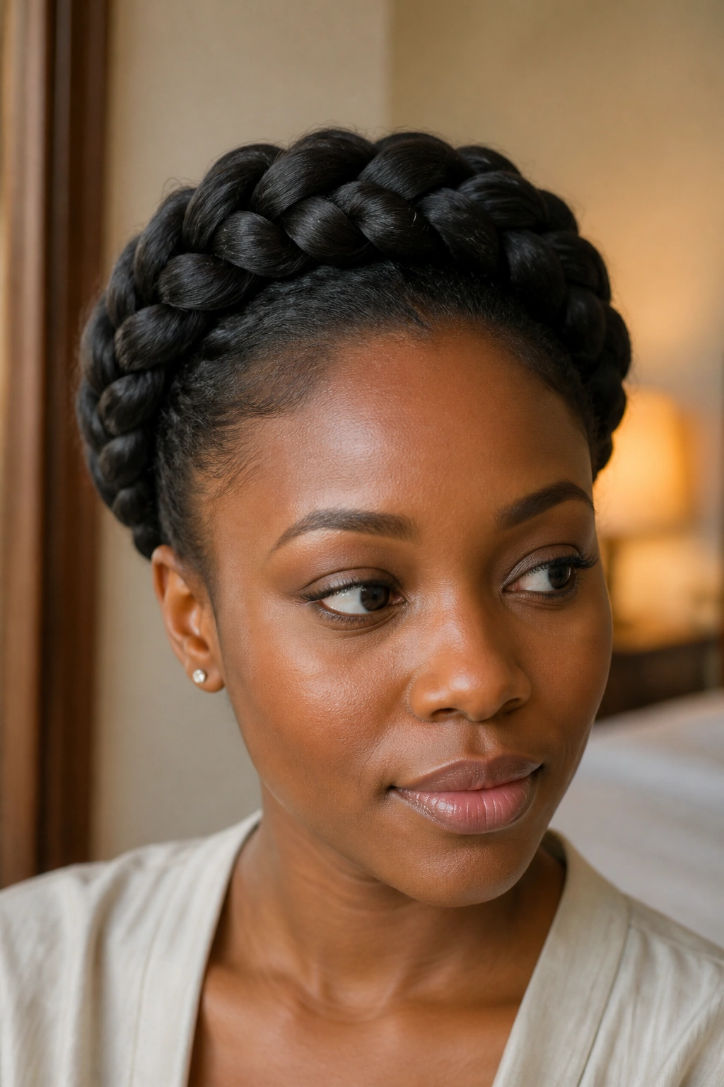 Close-up of a real woman wearing a braided crown updo, pins hidden, warm indoor lighting.