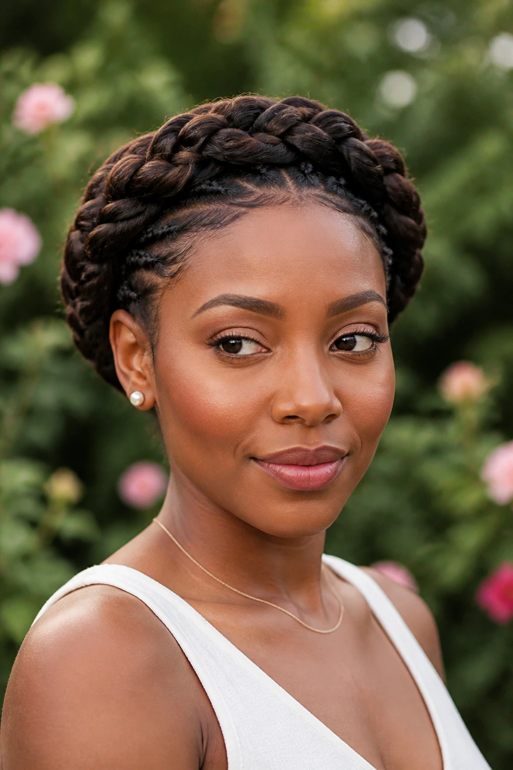 Portrait of a woman with a braided crown updo