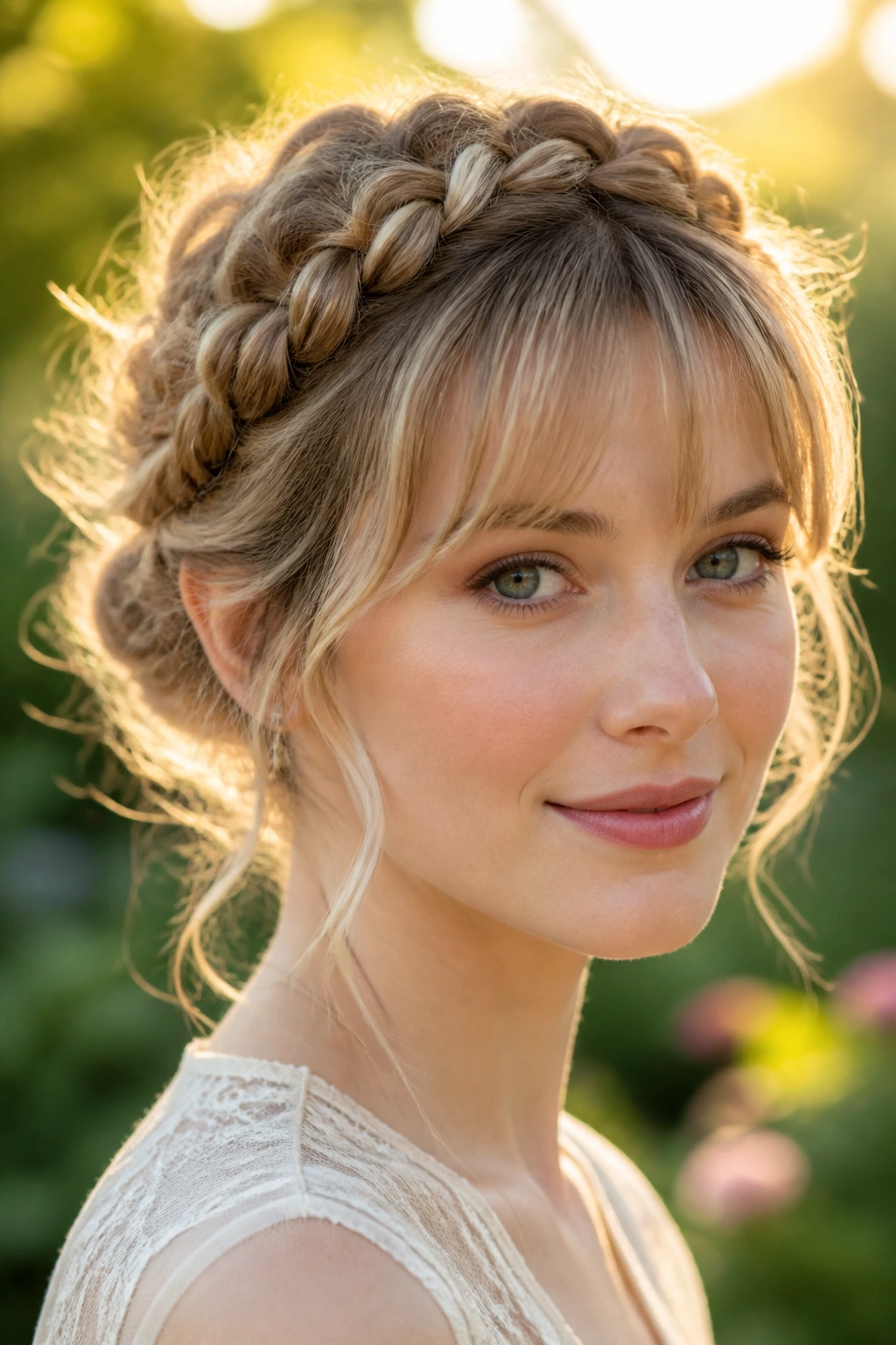 Close-up of a real person with a braided crown updo and soft bangs in a garden setting