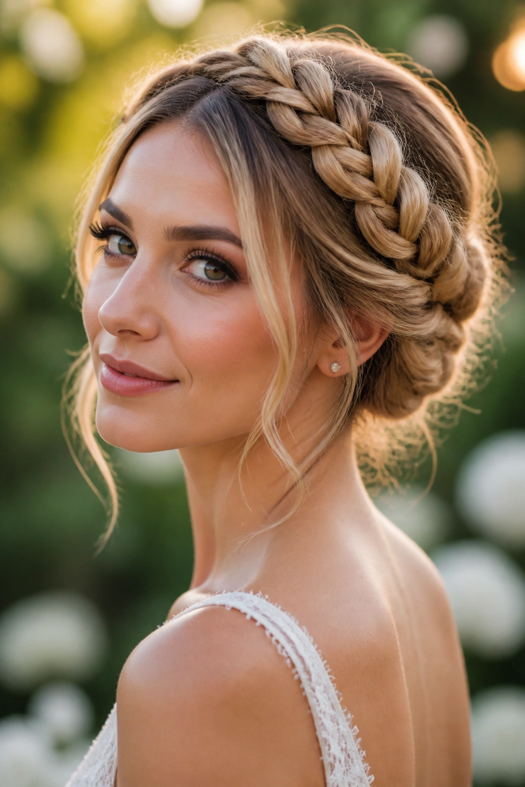 Bride with braided crown updo in a garden setting.