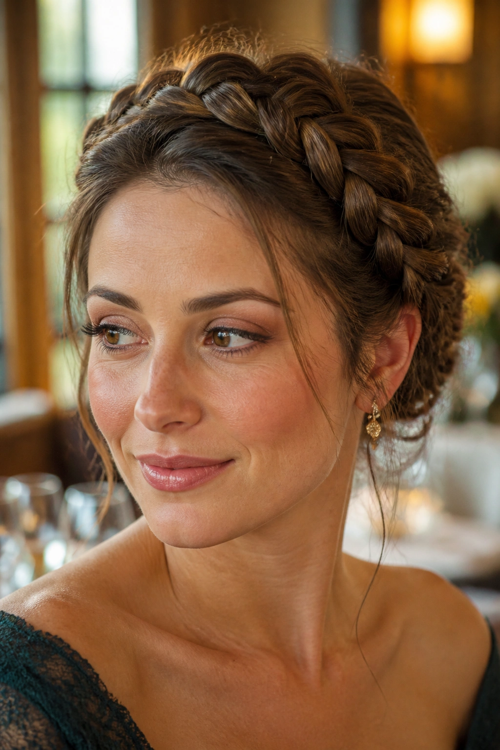 Close-up of a real woman wearing a braided crown updo in warm dining room light