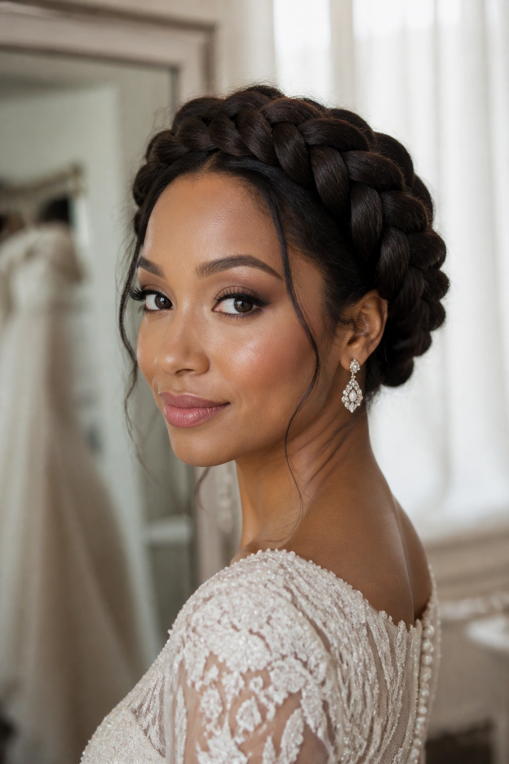 Close-up of a woman with a braided crown updo
