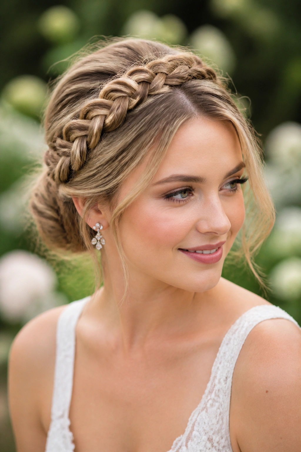 Close-up of a real woman wearing braided crown updo