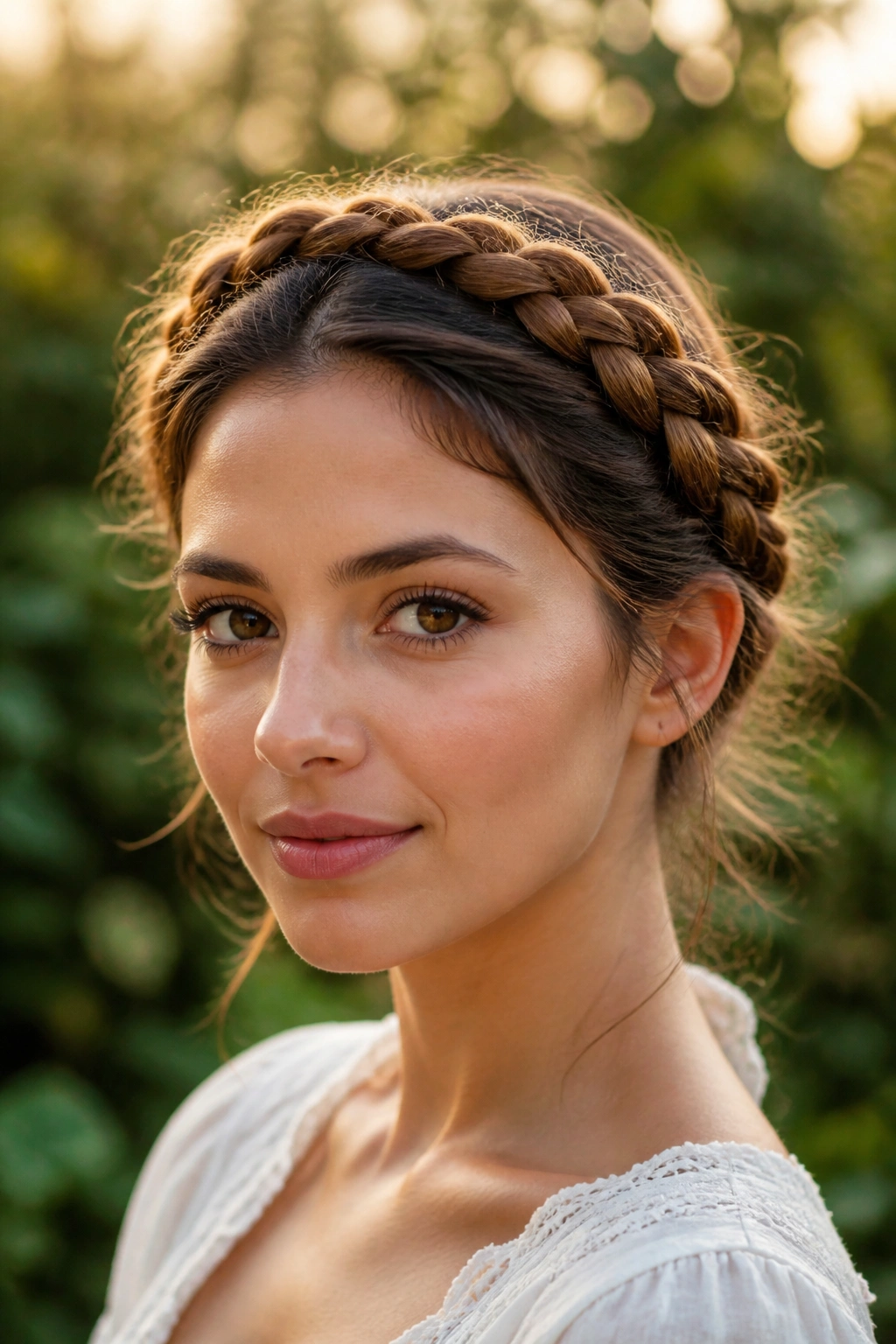 Close-up of a real woman wearing a braided crown updo in an outdoor garden.