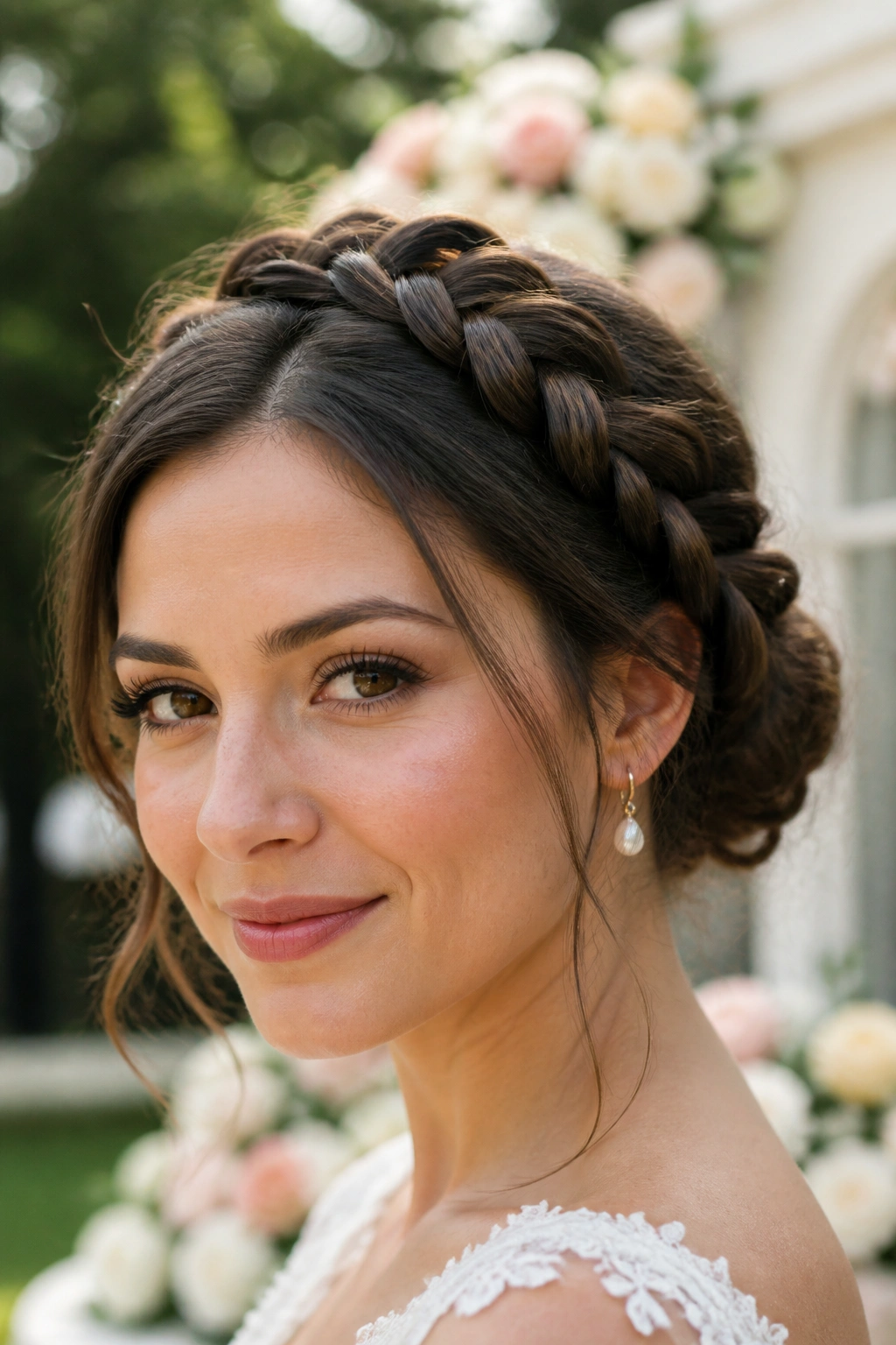 Close-up of real woman with braided crown updo in garden setting