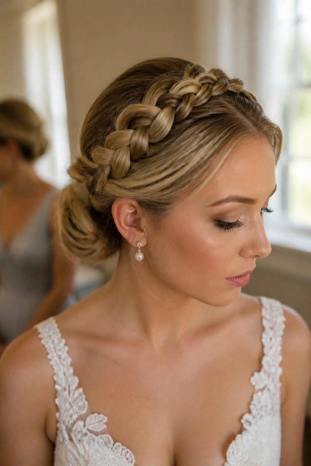 Close-up of a real woman wearing a braided crown updo