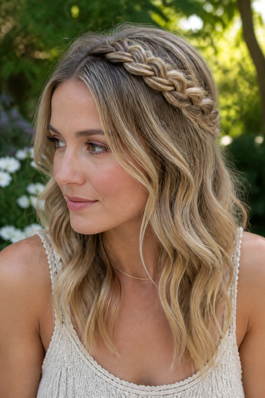 Head-and-shoulders portrait of a woman with a braided crown and soft wave ends outdoors