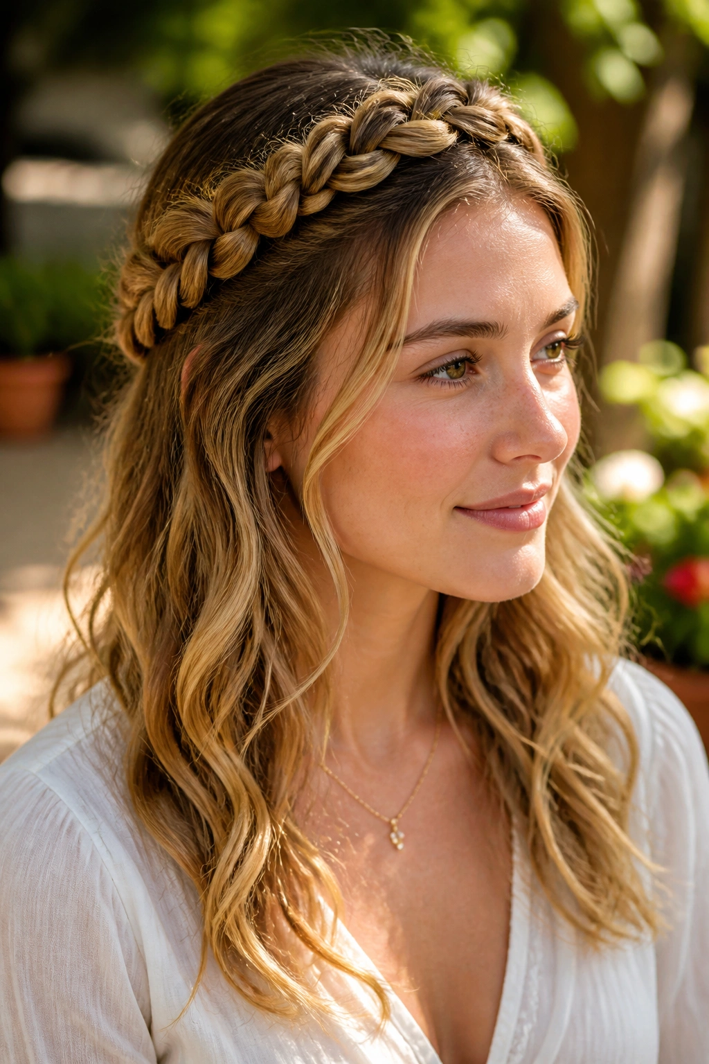 Woman with braided crown and wavy ends in garden light