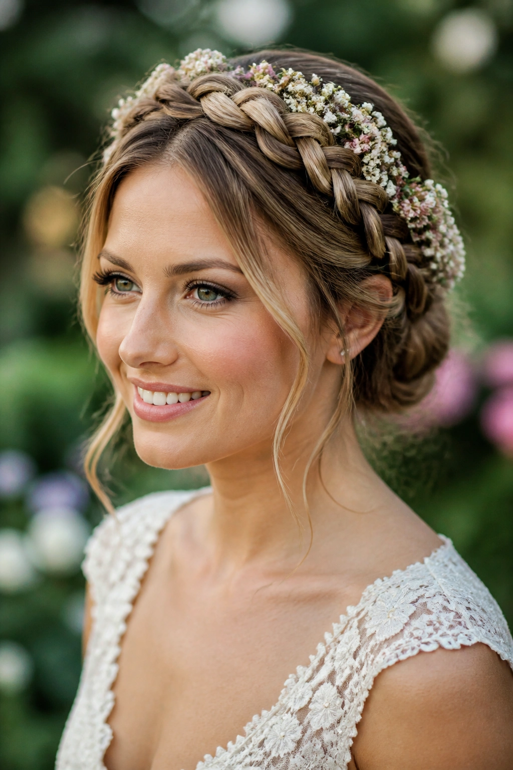 Close-up of a bride with a Braided Crown hairstyle