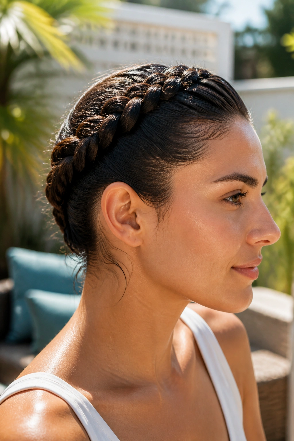 Real woman with a crown braid in a wet look