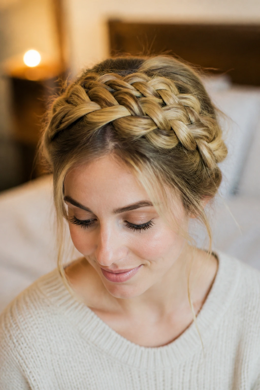 Portrait of a real woman with braided crown around the head