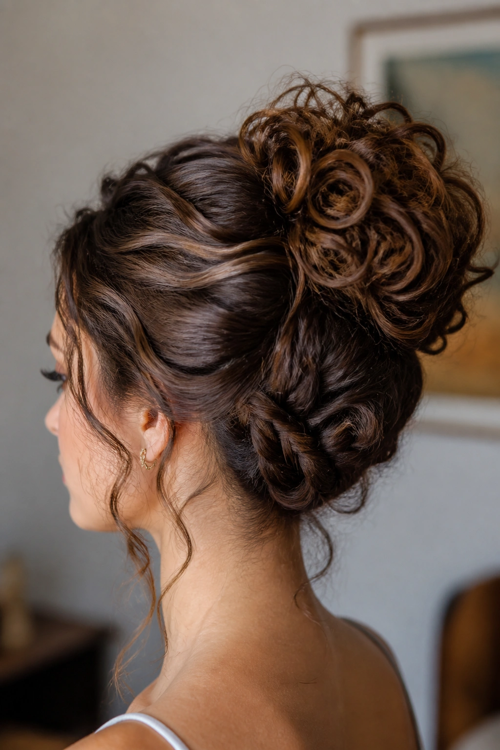 Real woman showing a bun built on a loose braid at the nape with curly hair.
