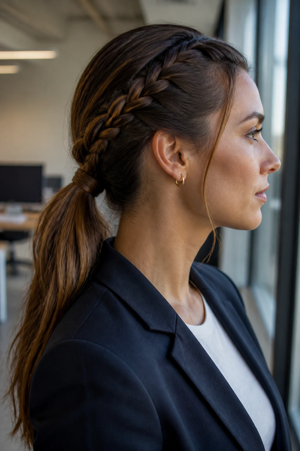 Close-up of a woman with a braided-detail low pony in an office setting