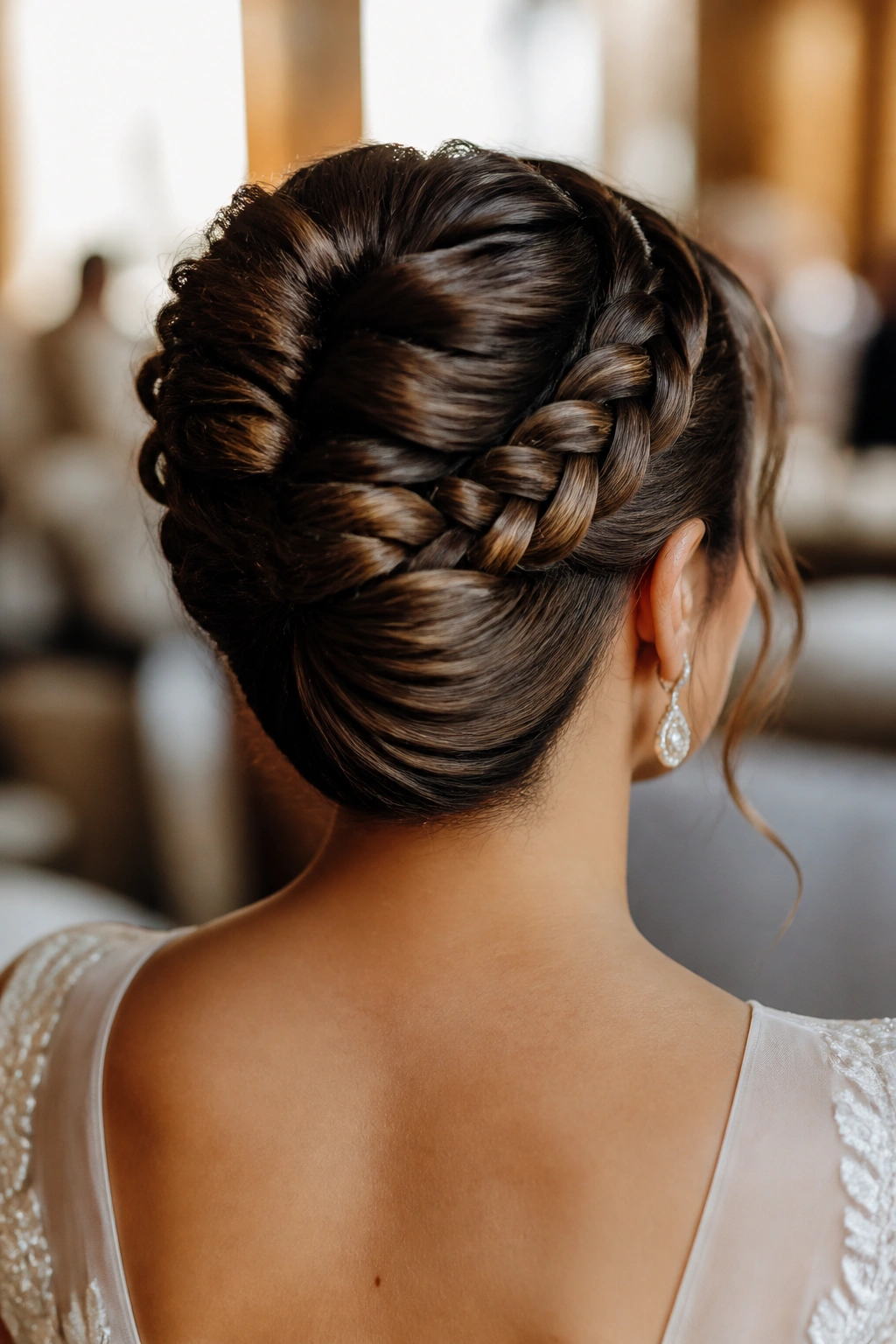 Back view of a real bride with a braided French twist.