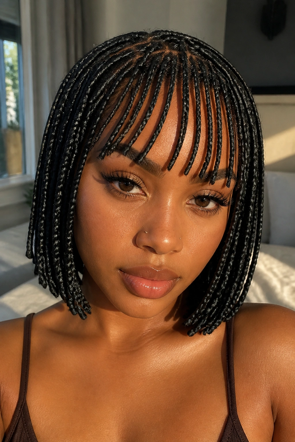 Close-up of a real woman wearing a braided fringe across the forehead