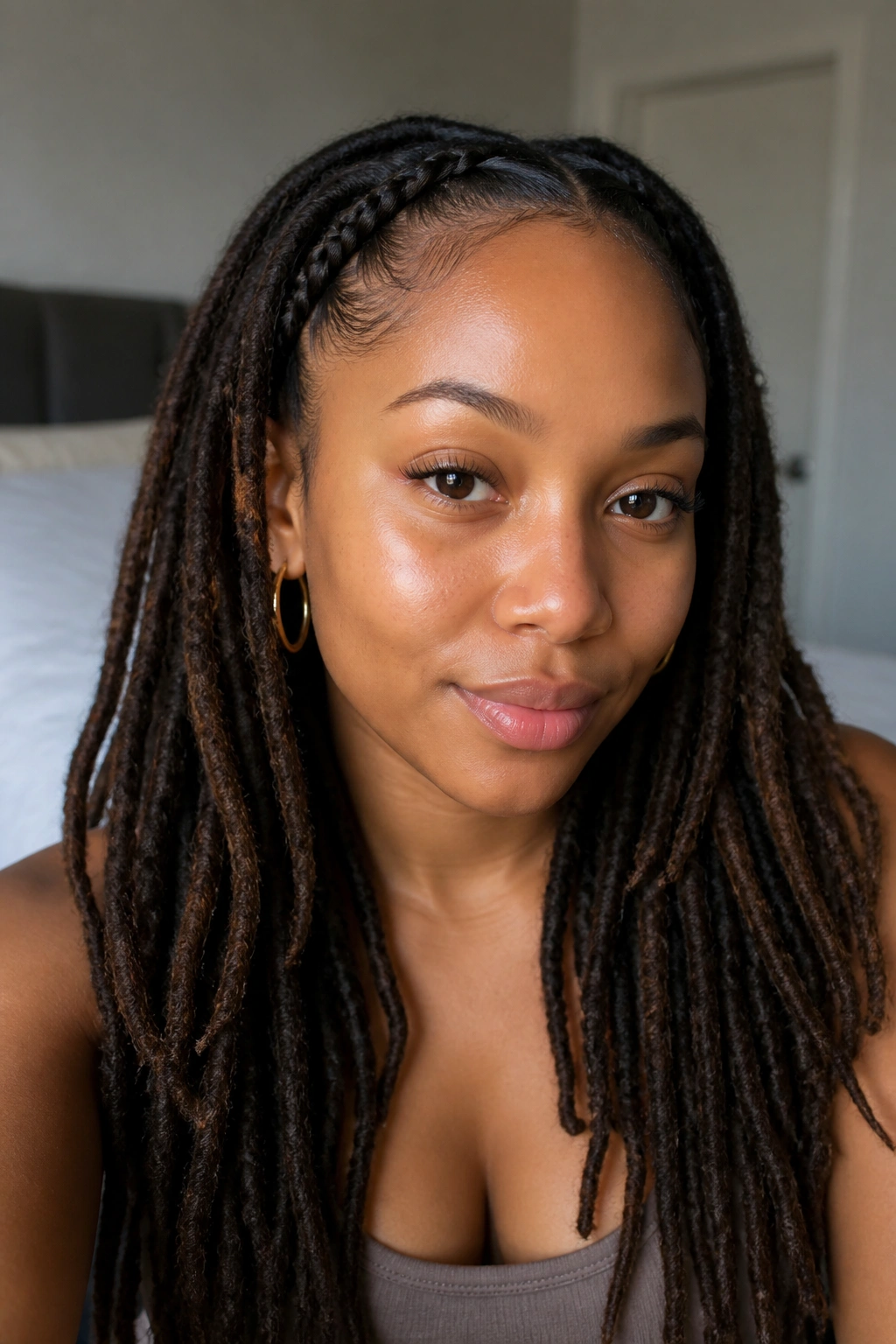 Close-up of real woman with braided front row and open-length locs