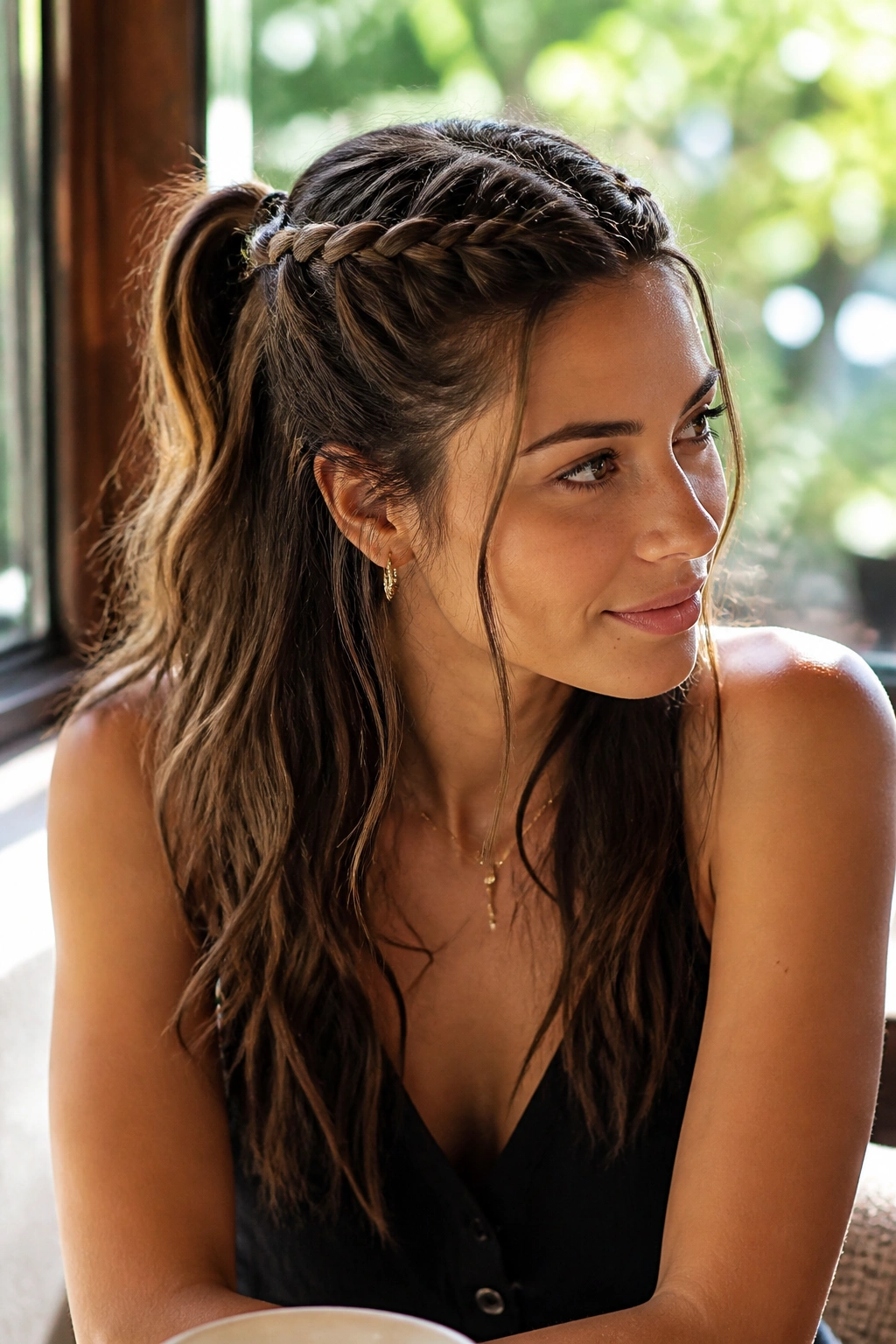 Portrait of a woman with two small temple braids joining into a half ponytail