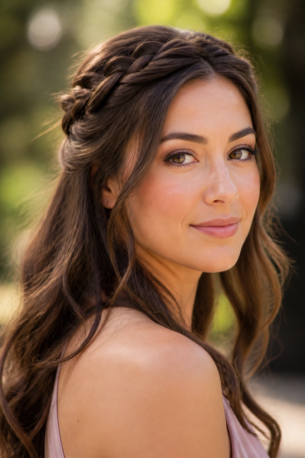 Close-up of a real woman with a braided half-up halo hairstyle outdoors