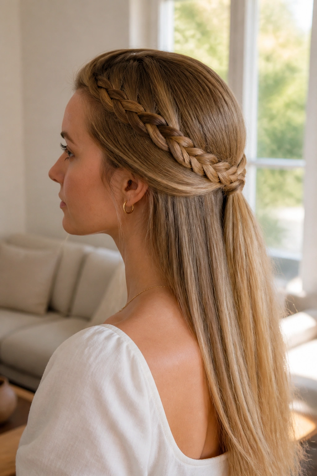 Close-up of a woman with braided half updo for straight hair in a sunlit living room