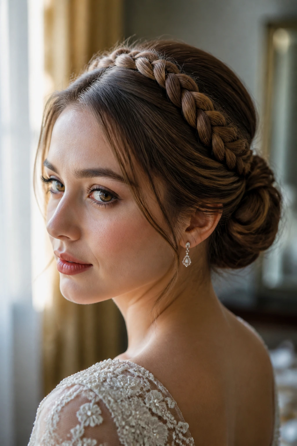 Close-up of a real woman with a braided halo bun around the crown.