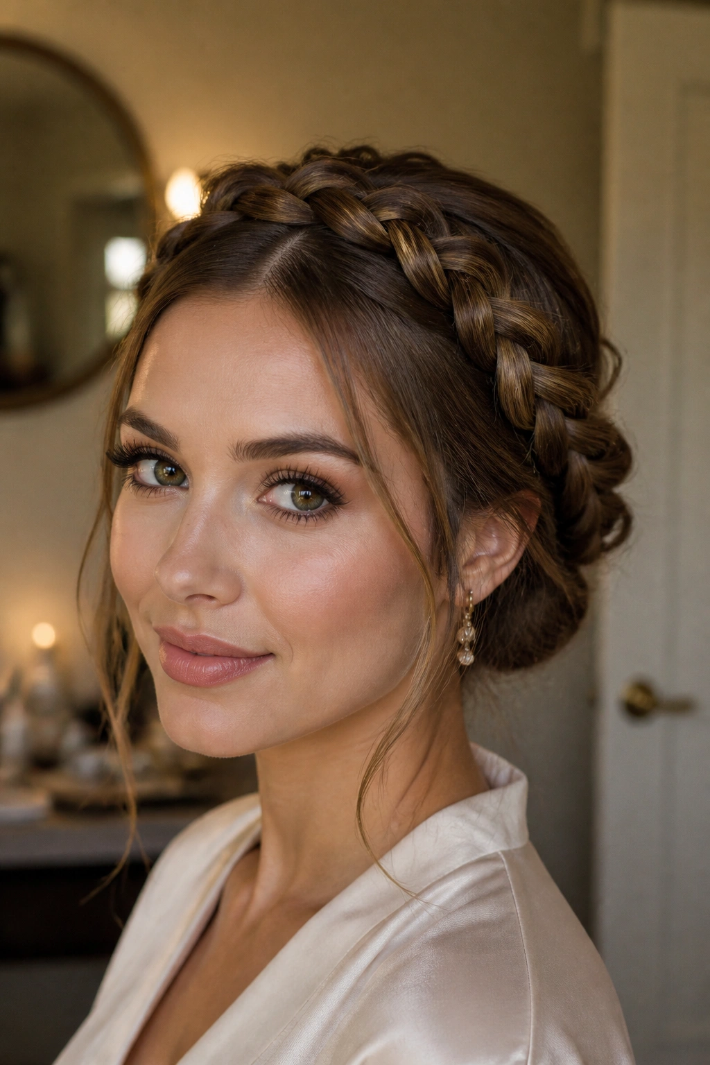 Close-up portrait of a real woman wearing a braided halo bun.
