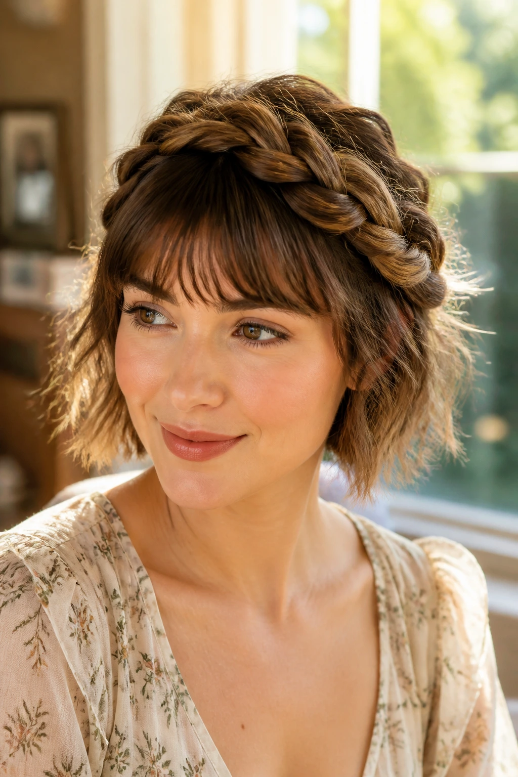 Close-up of a real woman's head wearing a braided halo crown around the front and sides