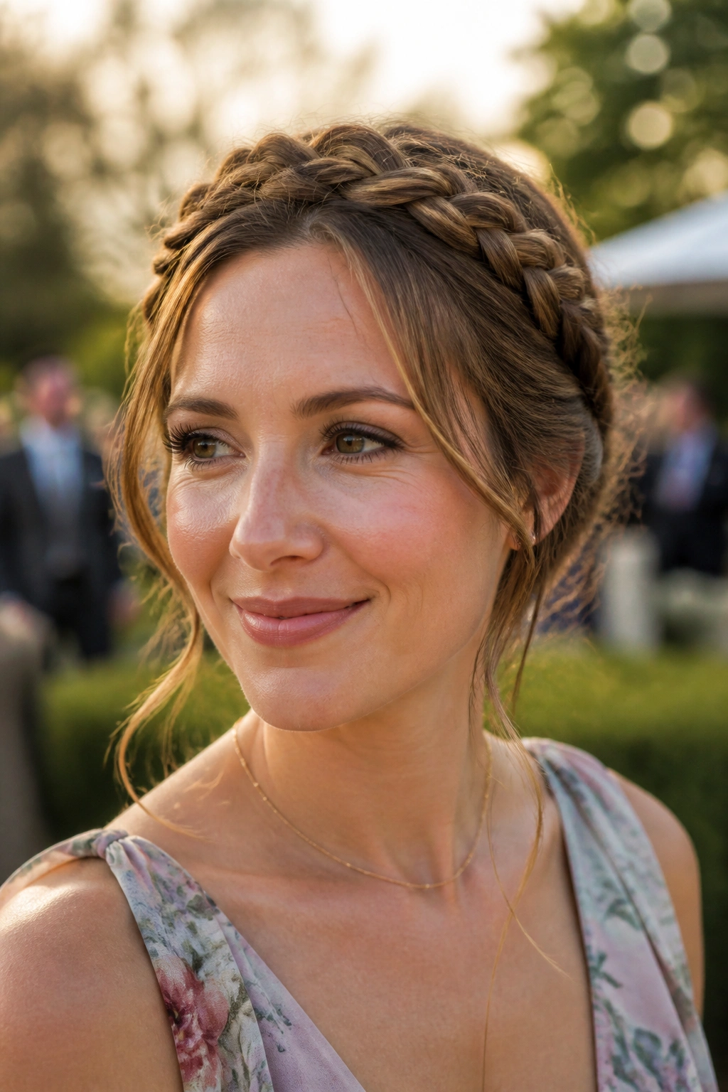 Real woman wearing a braided halo crown around the head.