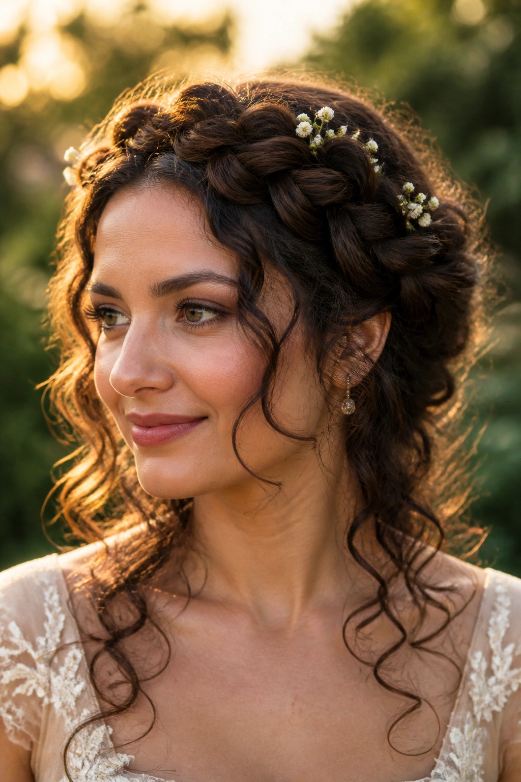 Close-up of a real bride wearing a braided halo with free curls