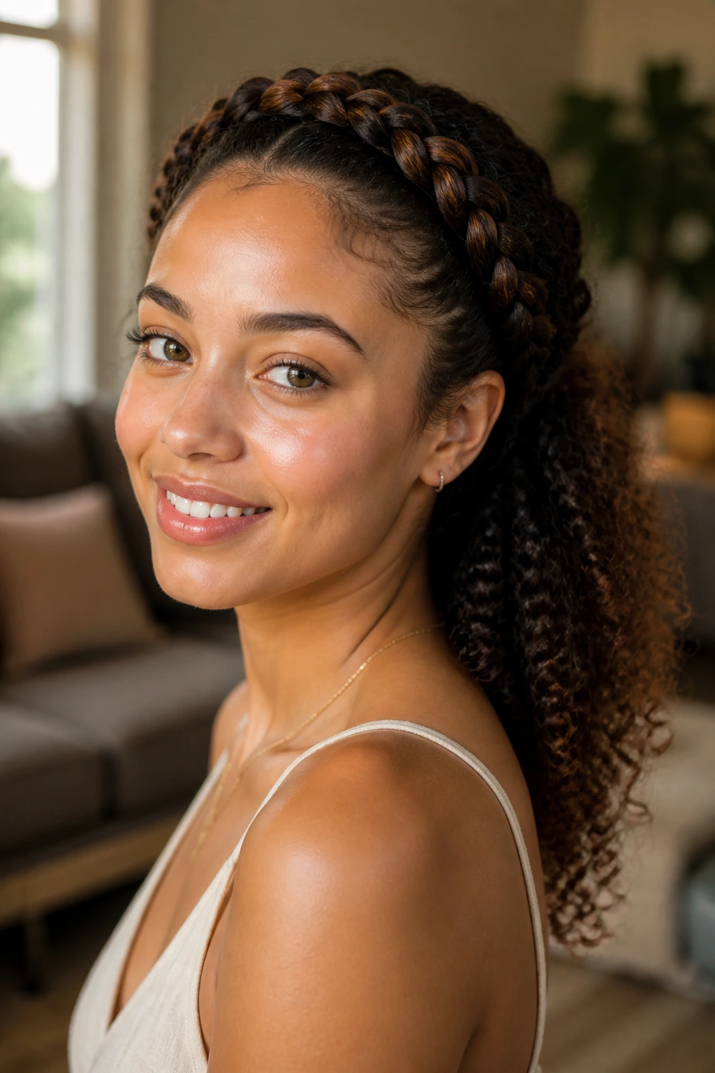 Close-up of braided halo with curly back hairstyle on a real person