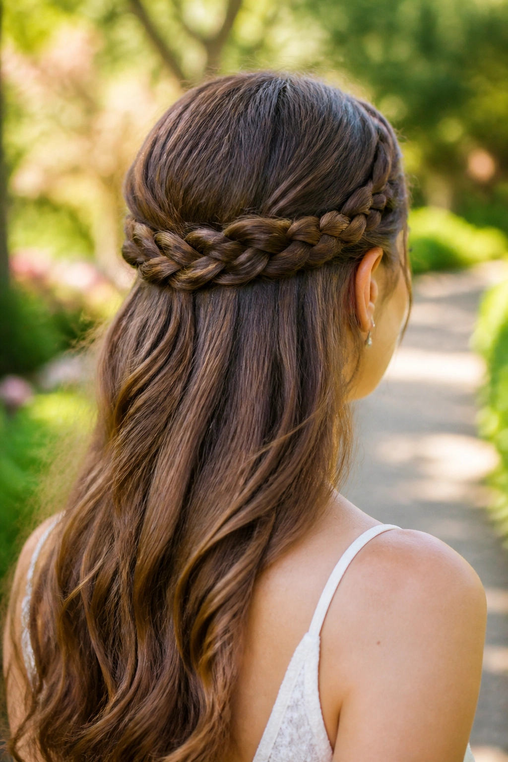 Close-up of real woman with braided halo along the back in daylight.