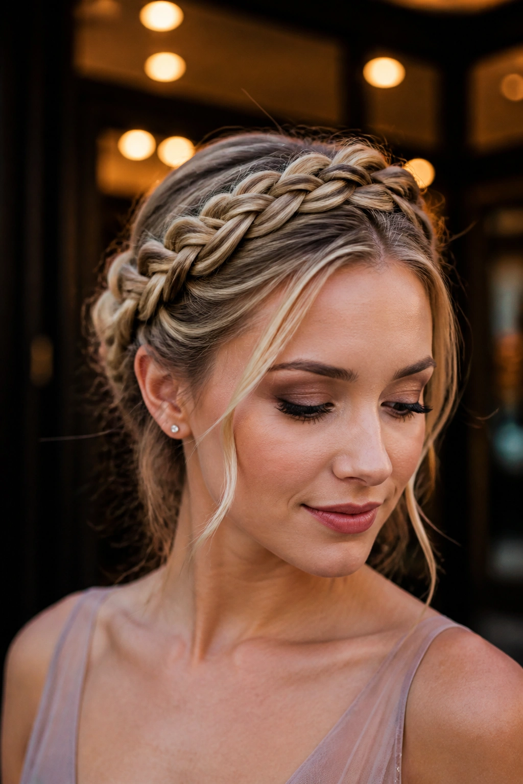 Close-up of a real woman wearing a braided halo hairstyle in an elegant setting