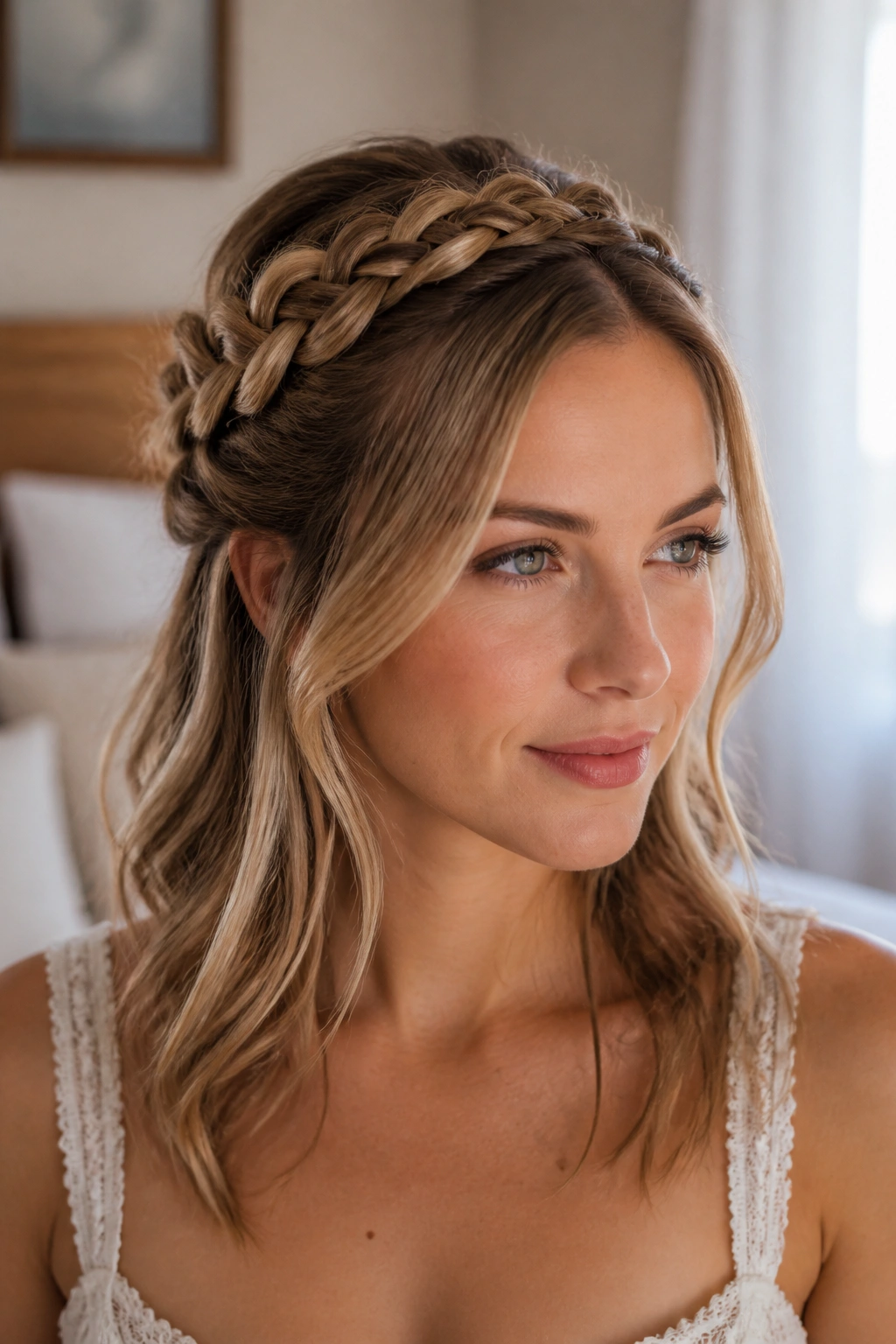 Close-up portrait of a real woman with a braided halo half-up hairstyle in warm natural light