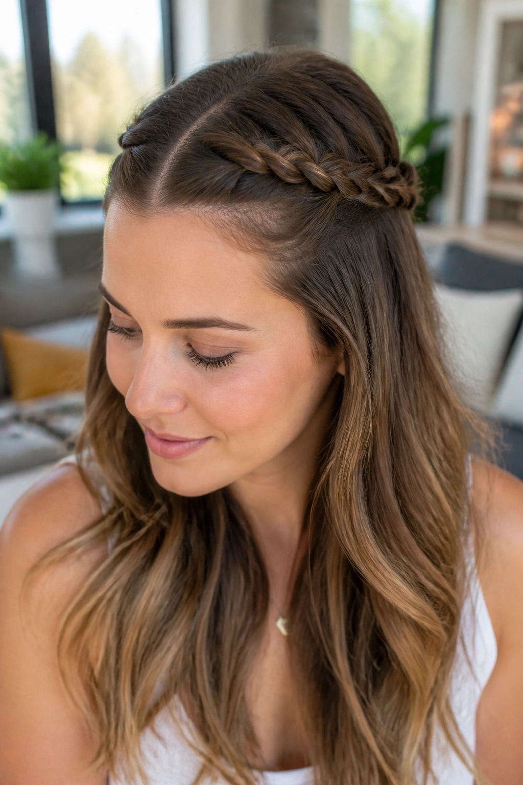 Close-up of a real woman with a braided halo half-up hairstyle