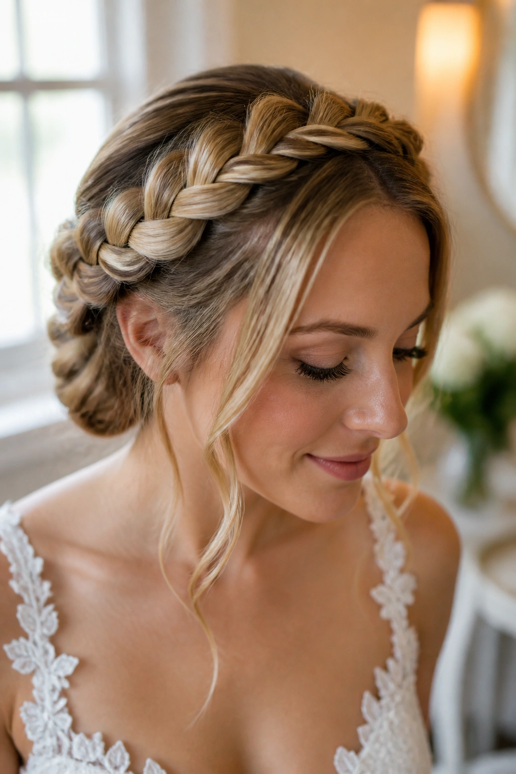 Close-up of a real woman wearing a braided halo with hidden pins framing her face