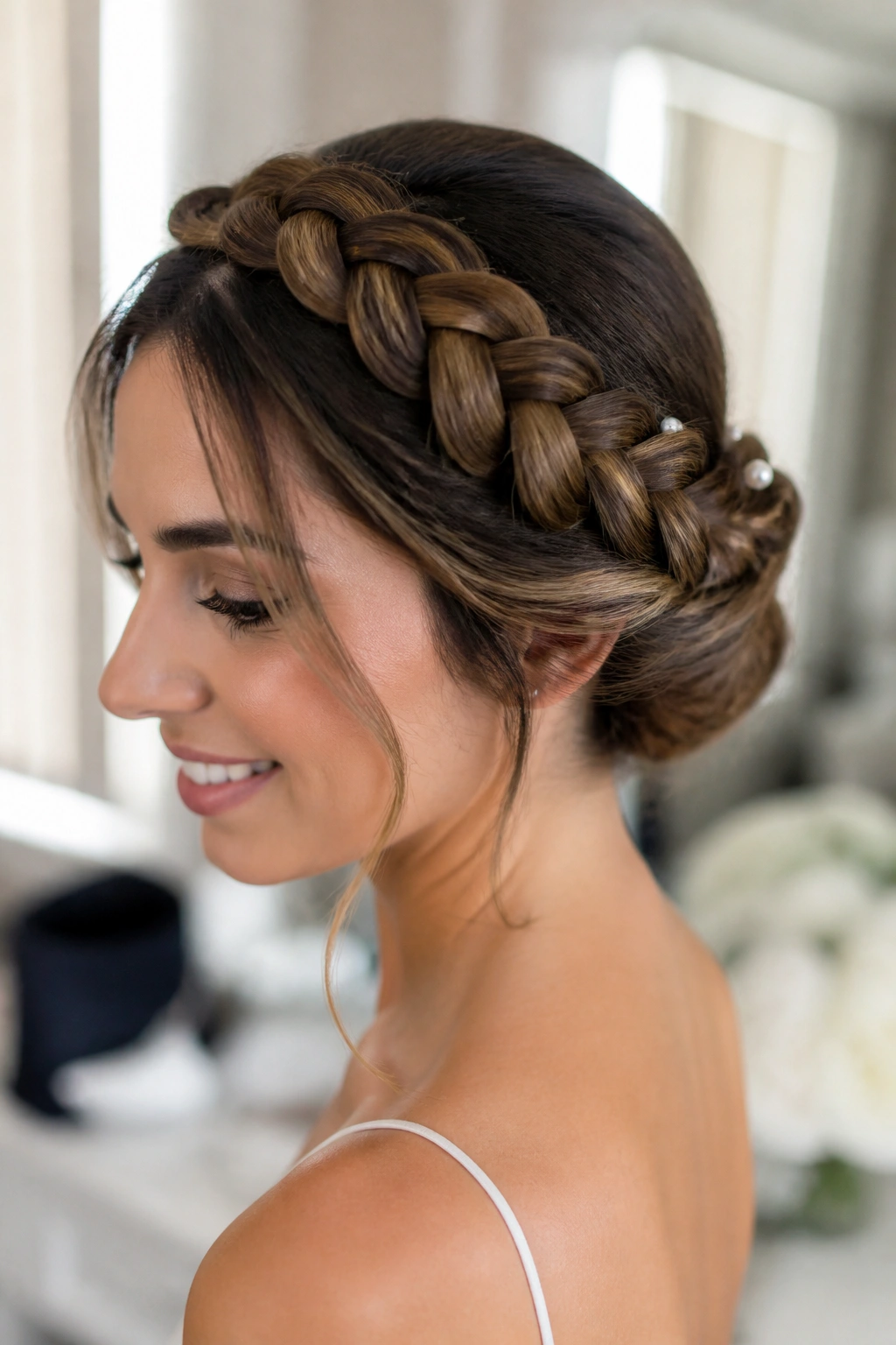 Close-up of a real woman with braided halo and low nape finish