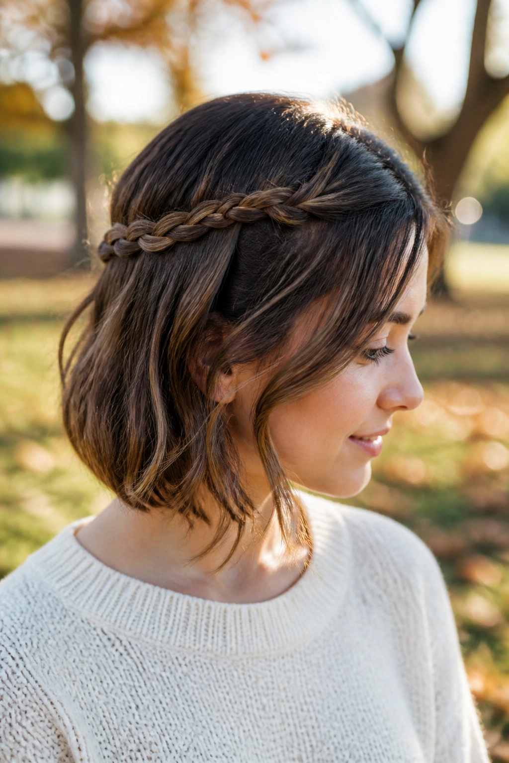 Portrait of a woman with braided halo and loose ends on short hair