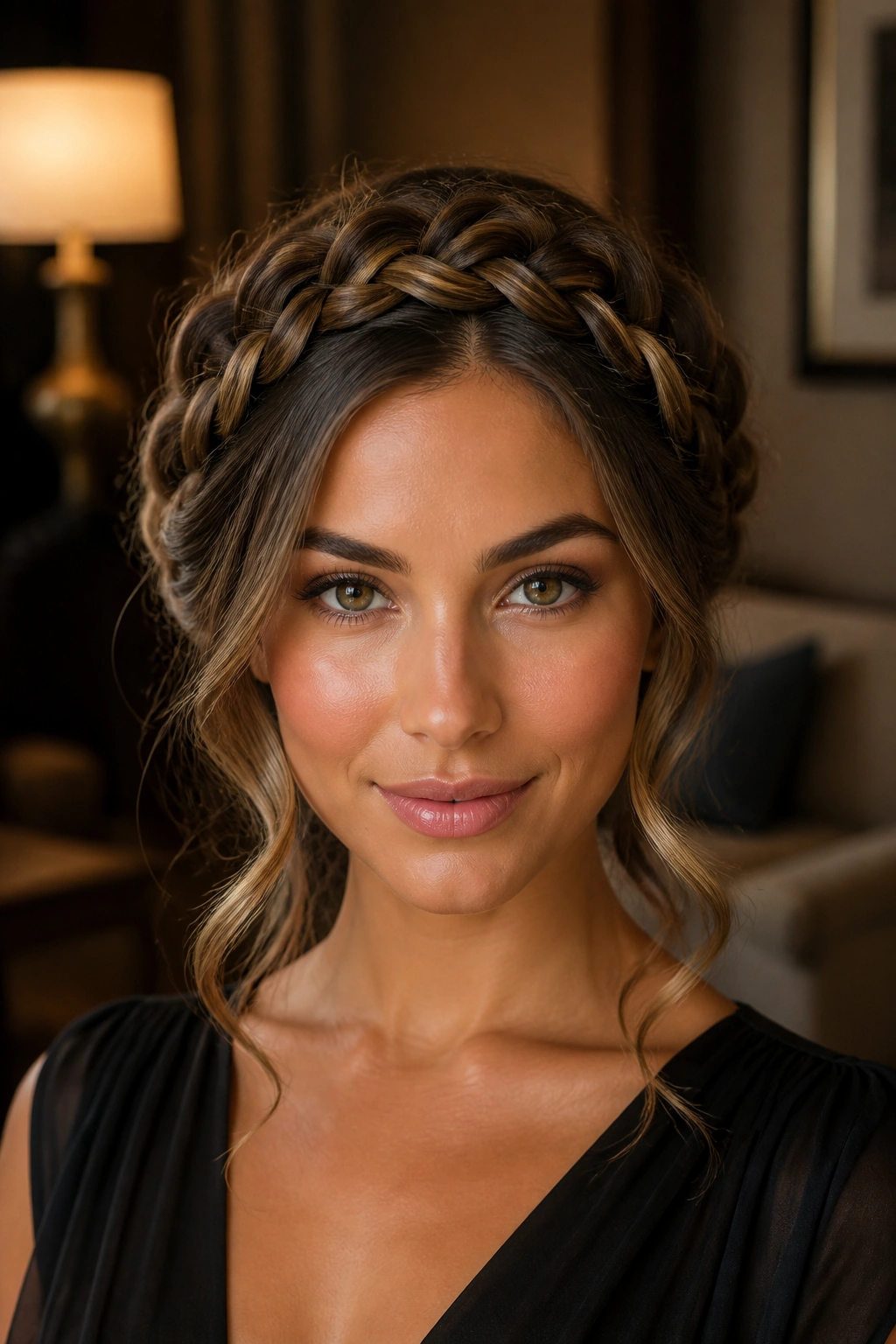 Close-up portrait of a real woman with braided halo and soft ends