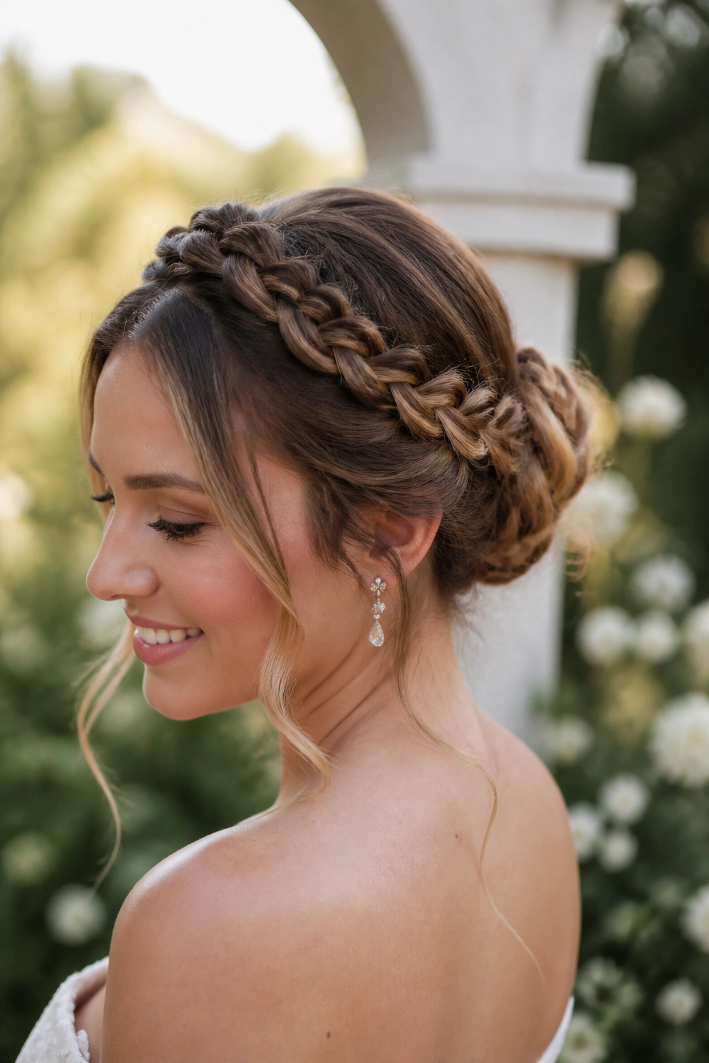 Portrait of a bride with braided halo and tucked knot at the back.