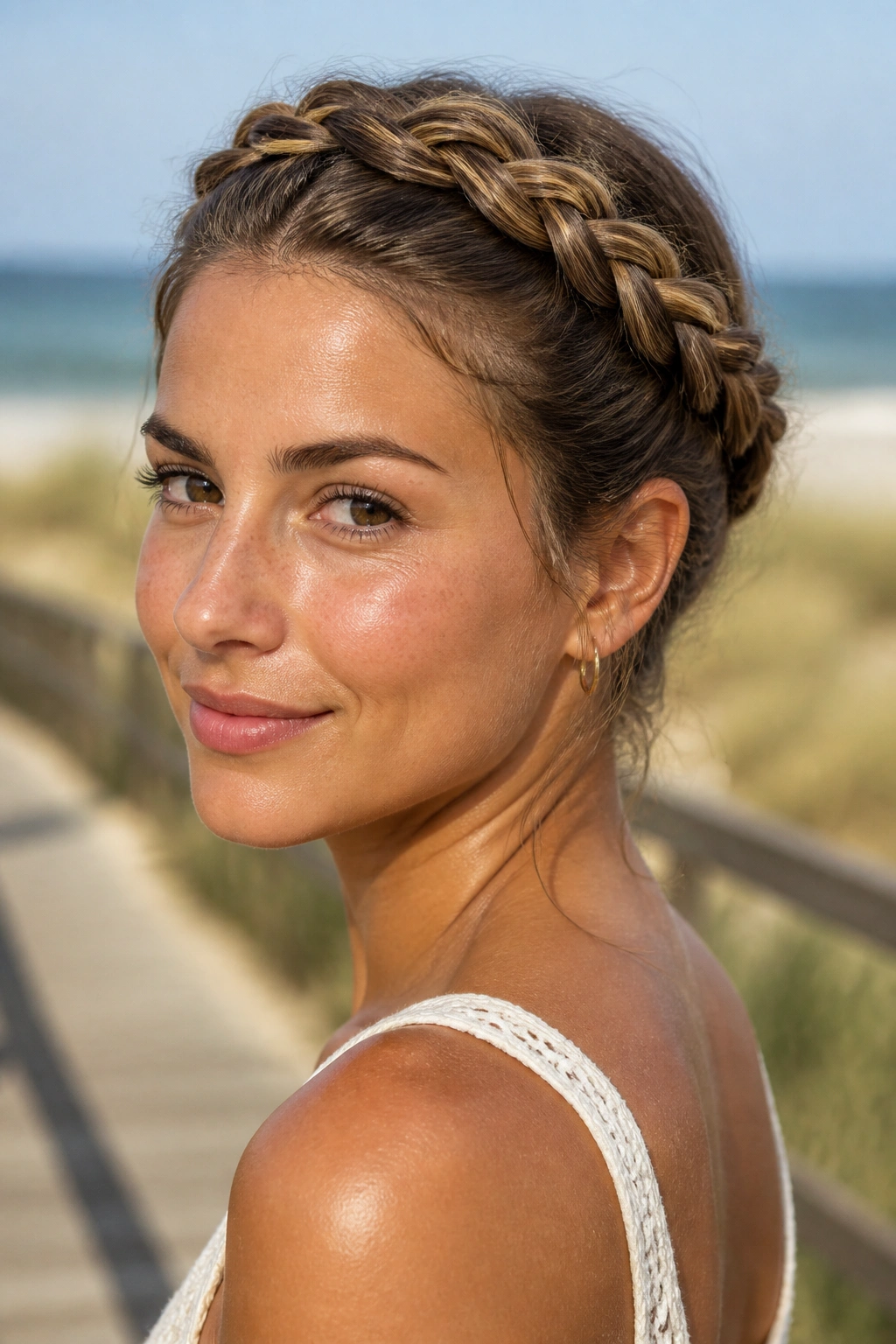 Close-up of a real woman wearing a Braided Halo Updo That Keeps Hair Away from the Face on a beach setting
