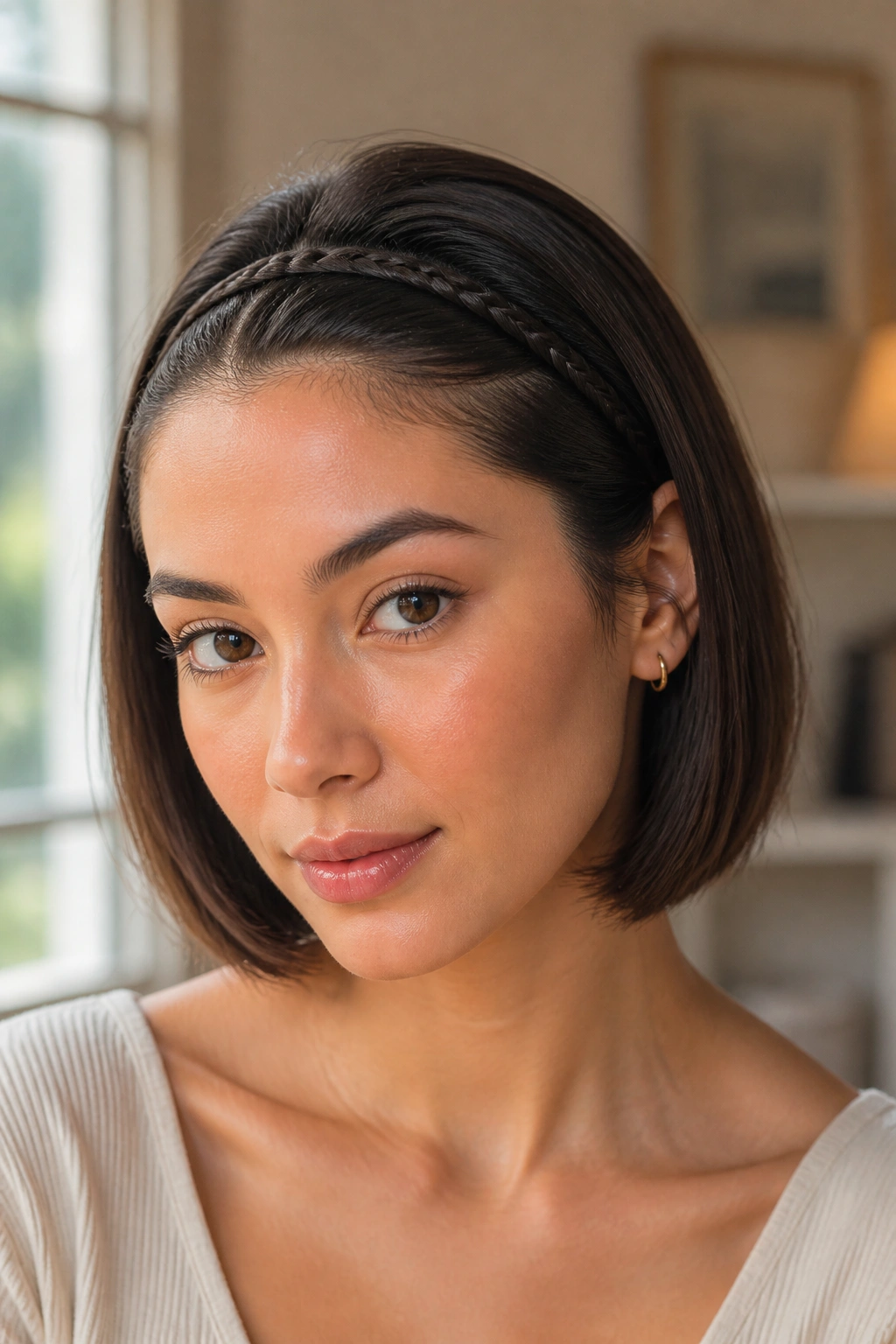 Close-up of a real woman's head wearing a slim braided headband on a bob-length hairstyle