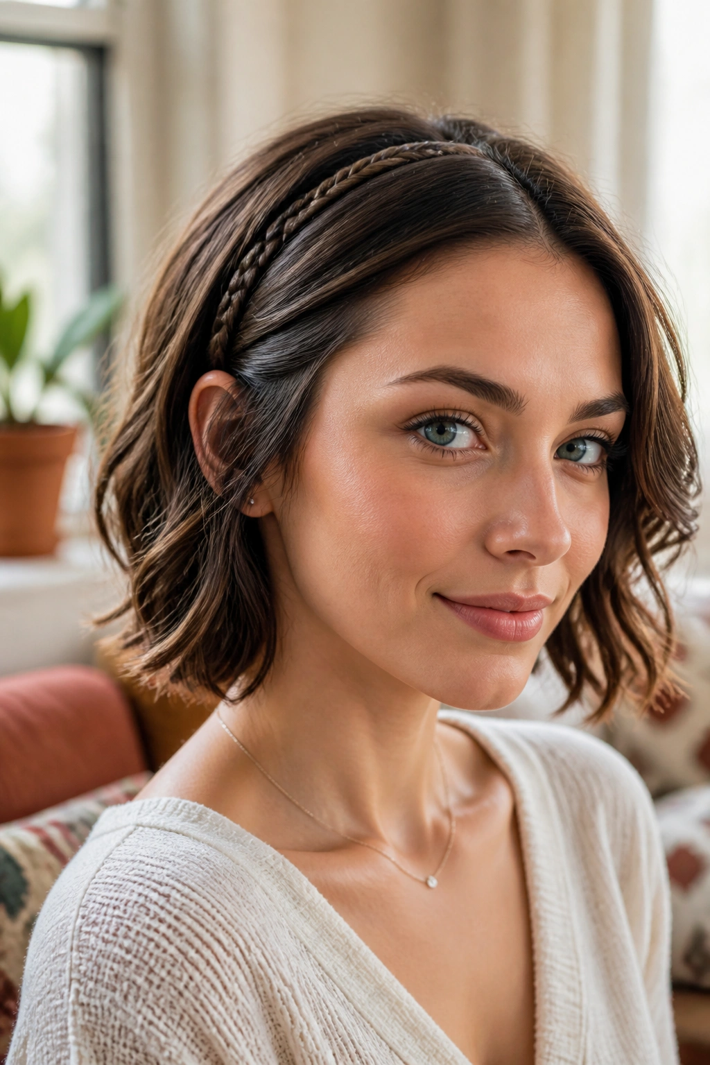 Close-up of a woman with a braided headband framing a bob-length hairstyle in a window-lit room