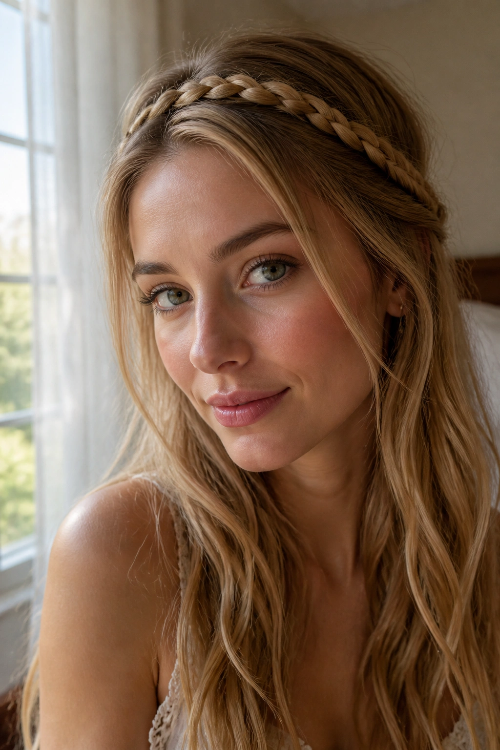 Close-up of a real woman wearing a boho braided headband with loose waves in warm window light