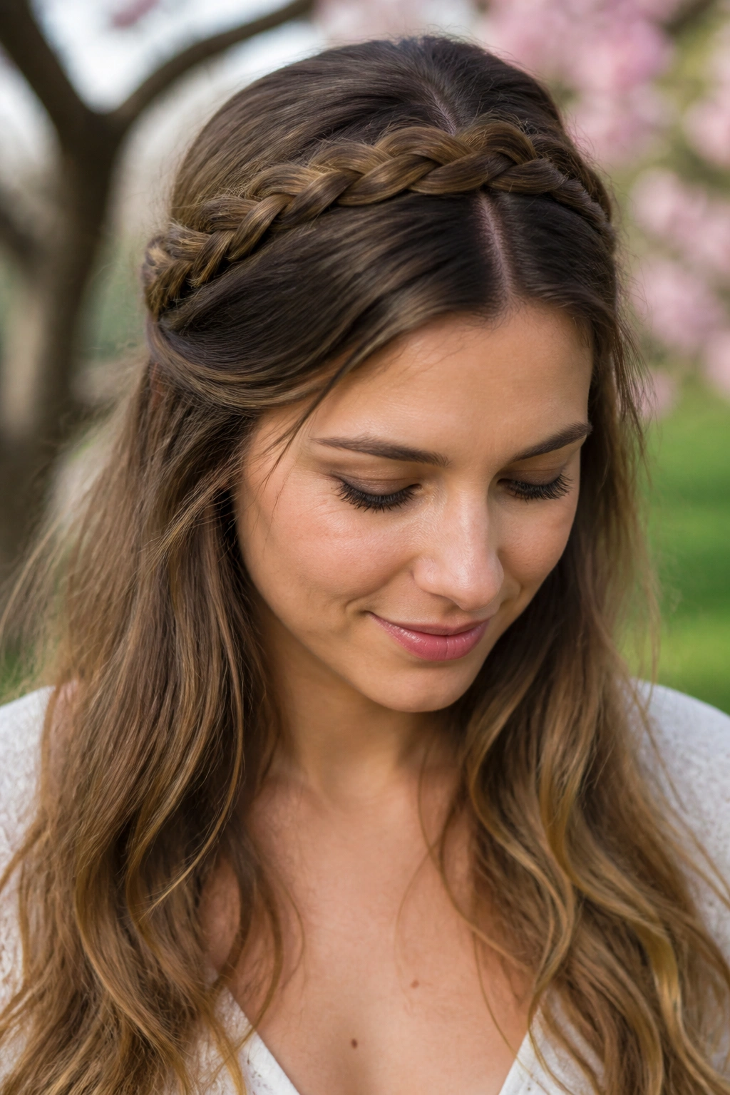 Close-up of a woman with a braided headband across the crown