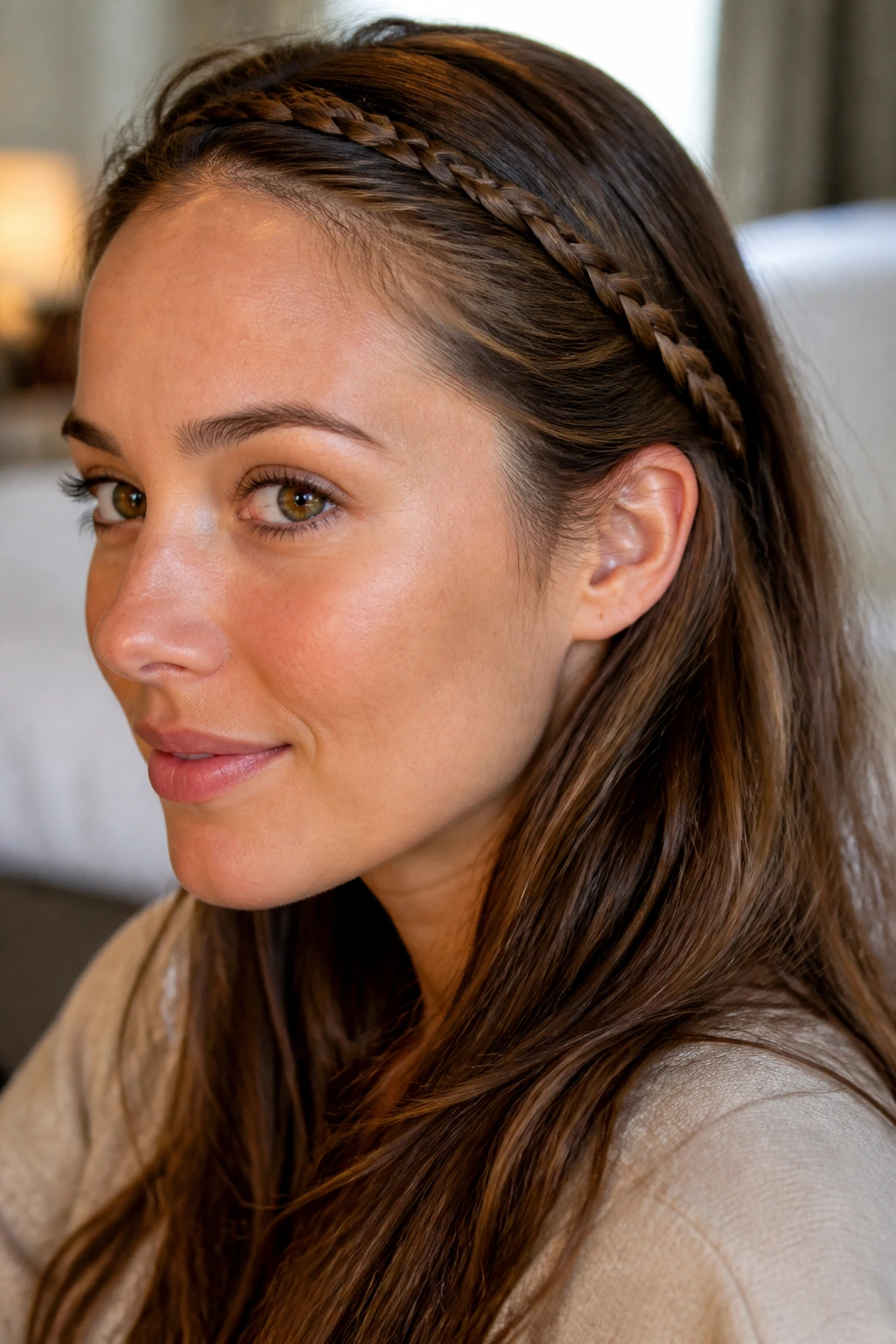 Close-up of a real person wearing a braided headband across the hairline