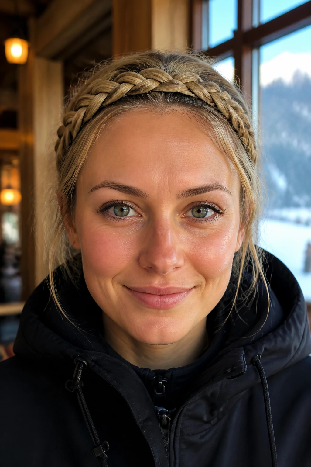 Close-up portrait of a real person with a braided headband across the hairline