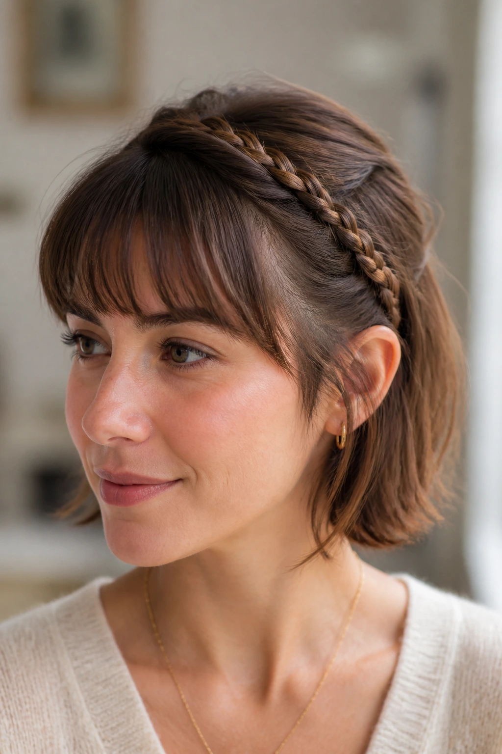 Close-up of a real person with bangs showing a braided headband half-up hairstyle